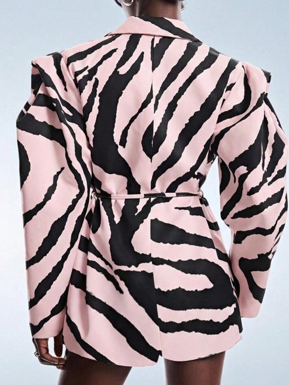 Multicolor Elegant Women's Zebra Print Wide Shoulder Cinched Waist Blazer - Picture 2 of 8